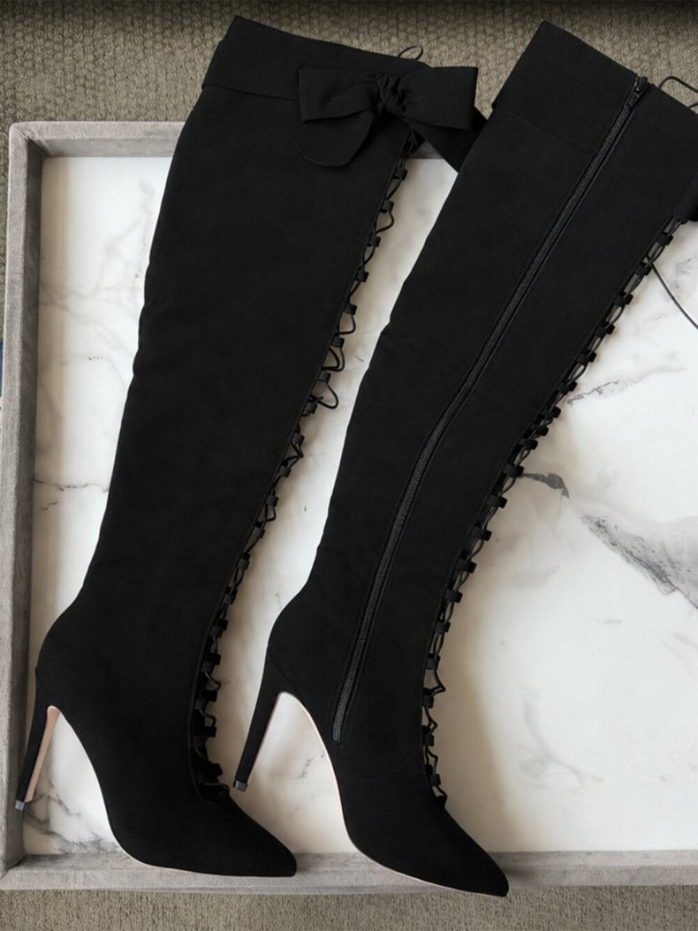 ASOS Black Bow Lace Up Faux Suede Thigh High Boots NEW Size 5